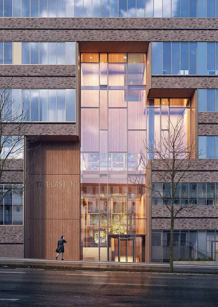 Frontal close-up visualization of one of the office building’s entrances designed as a large wood-clad keyhole that accentuates access points visually and physically within the elongated facade