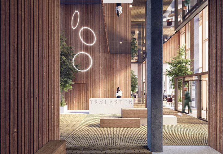 Interior visualization of the office building’s lobby with wood-clad walls that create a warm and welcoming atmosphere