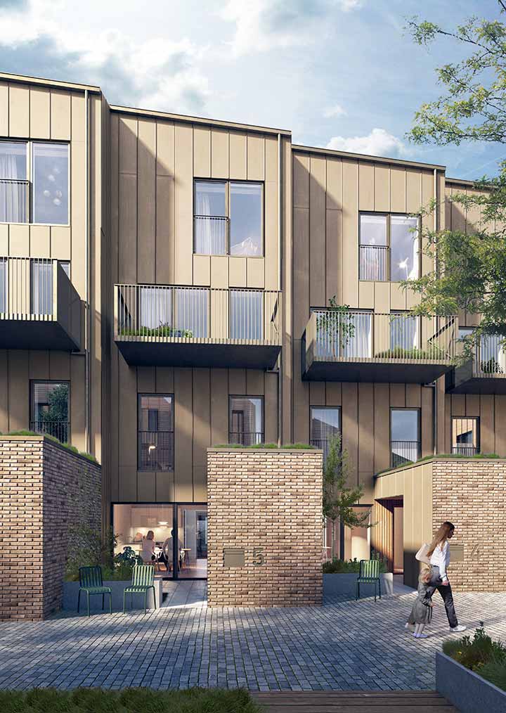 Exterior visualization of the façade of the connected townhouses that create the southern wing of Trælasten’ perimeter block structure